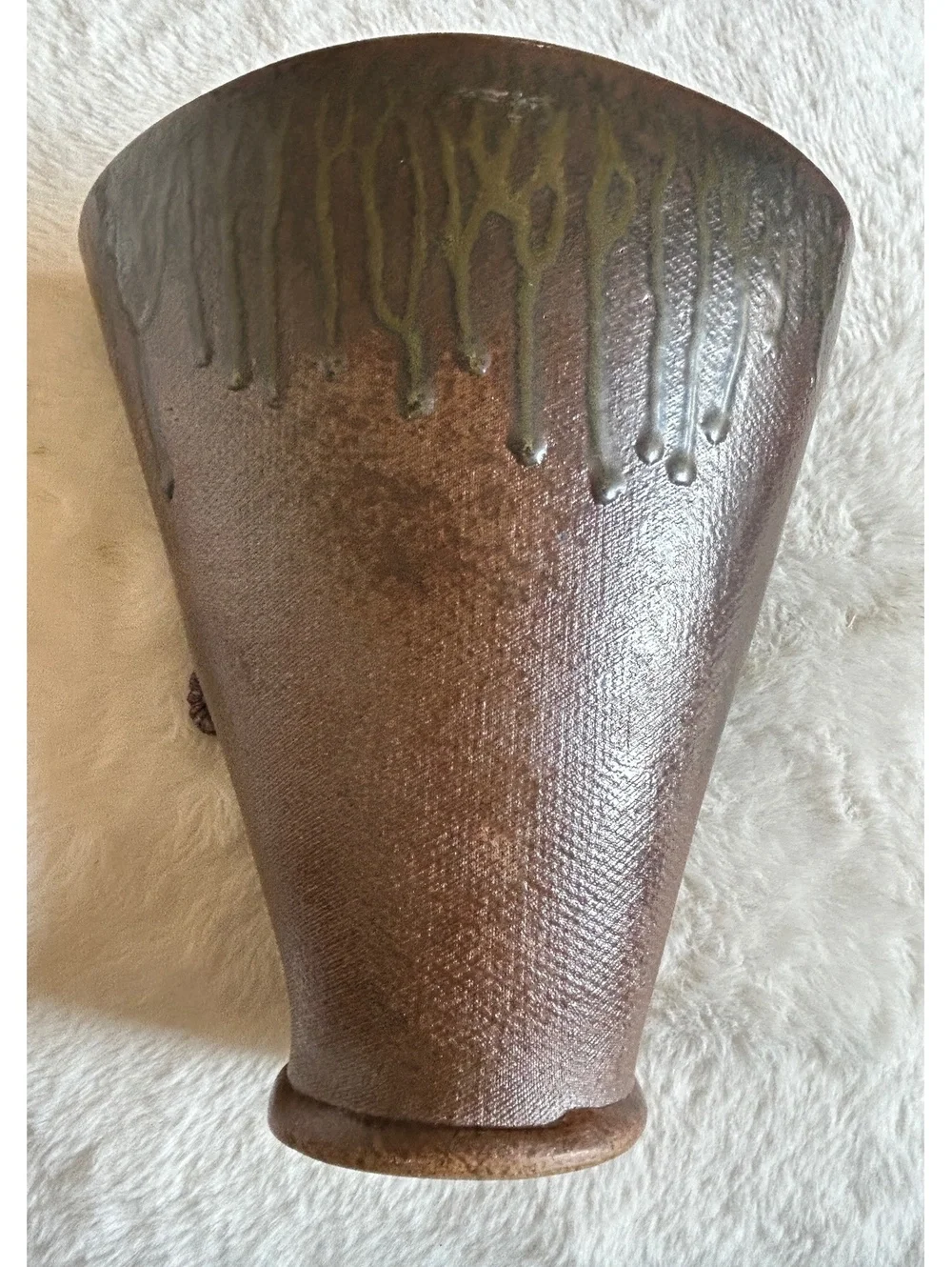 Vintage Brown Ceramic Vase with Green Drip Glaze and Decorative Handles